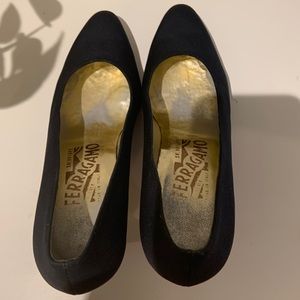 Ferragamo womens navy satin shoes